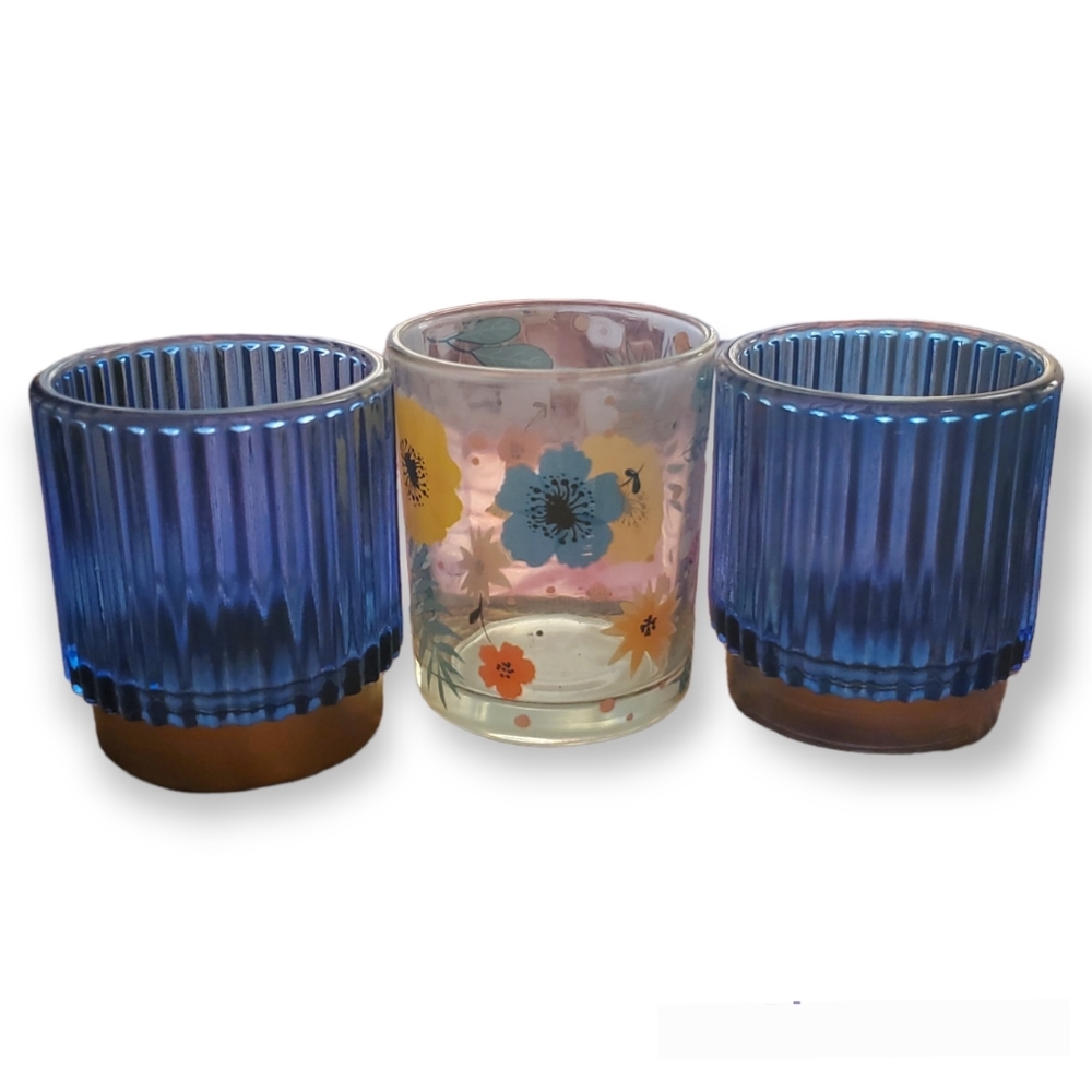 Home decor 𝅺Blue floral prints gold boho style candle votive holder glass bundle